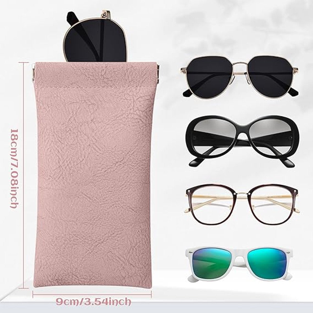 Glasses Bag - 5 pieces - Sunglasses storage case for men and women - Glasses storage bag with automatic spring bar closure - Portable - 180*90mm - Leather glasses bag (Pink/Orange/Blue/Green/Black)
