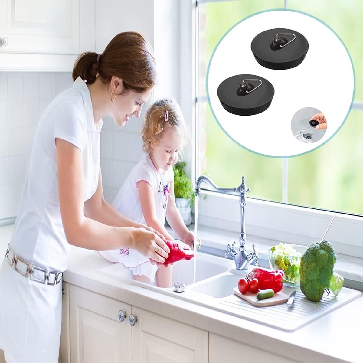 Universal Bath Stopper 4 Pieces - Sink Cap - Drain Stopper - Sink Plug - Plug Stopper - Universal Sink Stopper - Rubber Sink Plug with Hanging Ring - for Drain Ø 44 to 42 mm - Universal Plugs - For Bathtub, Kitchen, Bathroom - Black