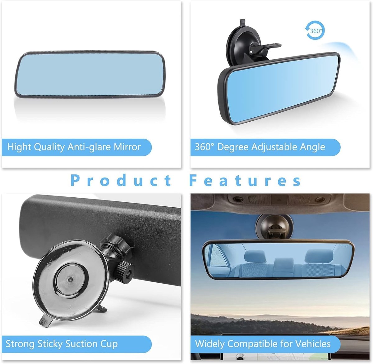 20*6 cm - car rearview mirror - rearview mirror - with suction cup - adjustable - car interior mirror - vehicle interior mirror reduces blind spots - universal - car accessories - for boats, trucks and SUVs - black