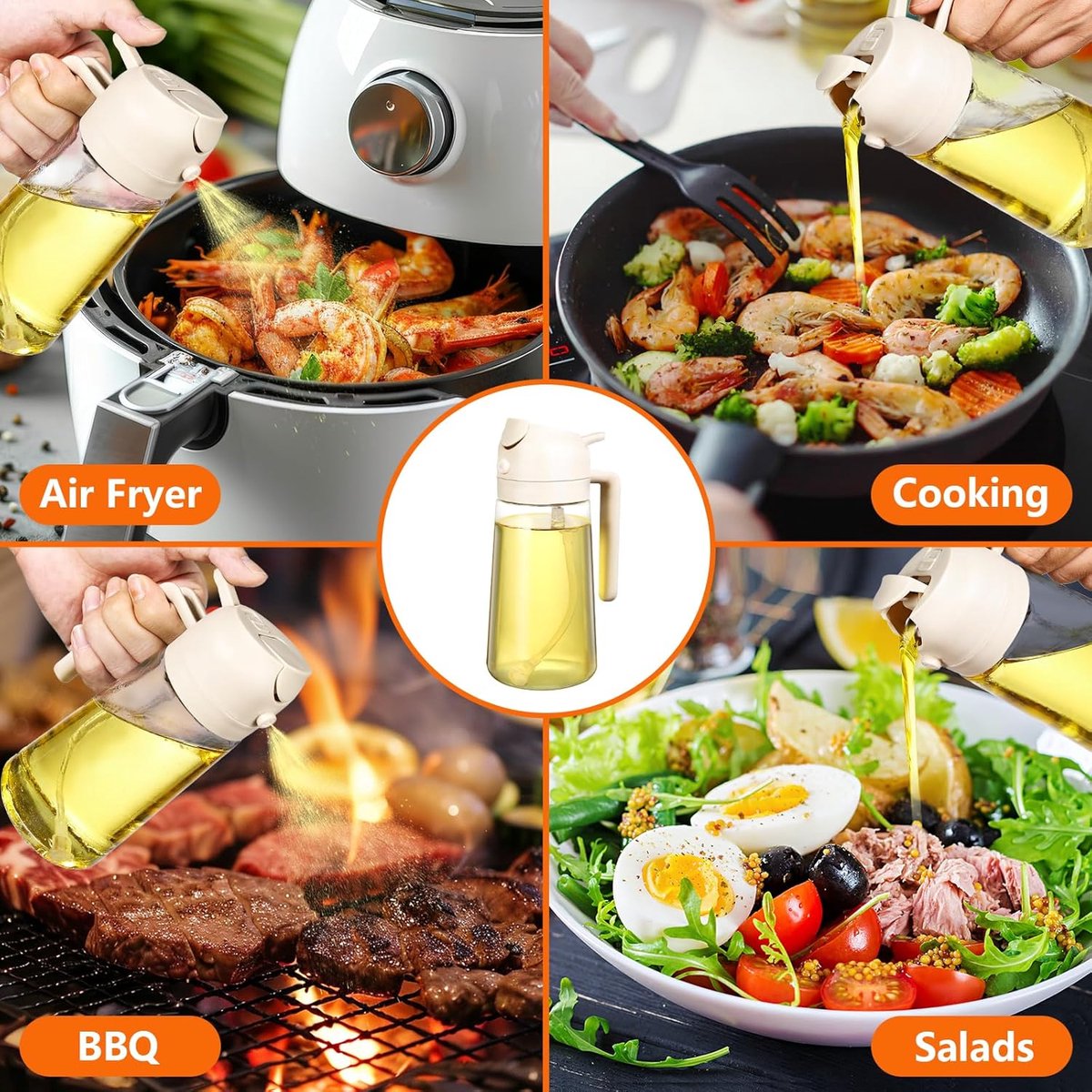 2-in-1 - Oil spray bottle - olive oil dispenser bottle - 470 ml - Olive oil sprayer - oil container - oil bottle - oil spray bottle - oil dispenser - oil atomizer - glass oil spray - kitchen utensil - spray and pour - for kitchen, BBQ, barbecue - white