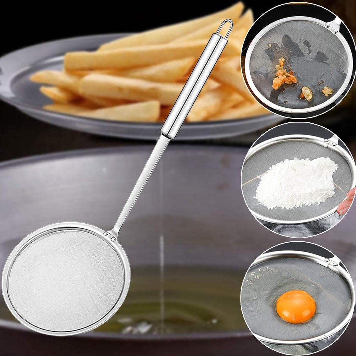 2 Pieces Stainless Steel Kitchen Sieve - Food Sieve - Sieve - Skimmer - Spoon-skimmer with handle and colander - Frying Spatula - for noodles / rice / vegetables / egg whites etc. - Colander - for filter residue - Skimmer Spoon - Silver - ø10 cm