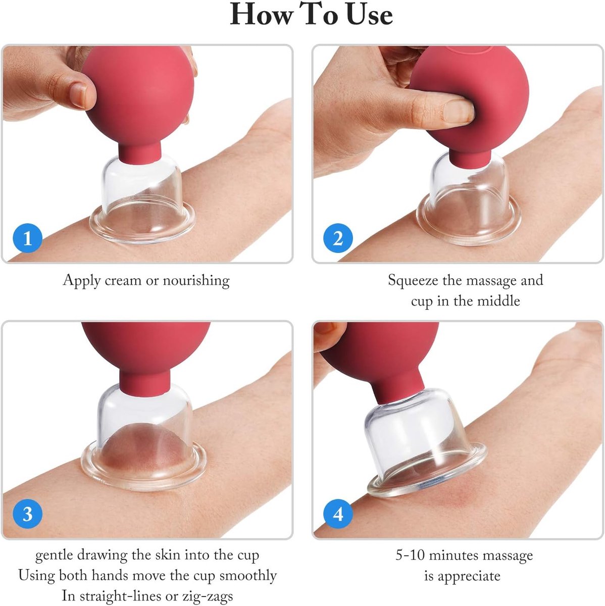 4-Piece Cupping Set - Silicone Face Cups - Cellulite Cups - Glass Facial Cupping Set - Facial Cupping - Vacuum Massage Therapy - Face Cupping - Massage Cups - cups for body, face, leg, arm, back, shoulder, muscle and joint pain - Red