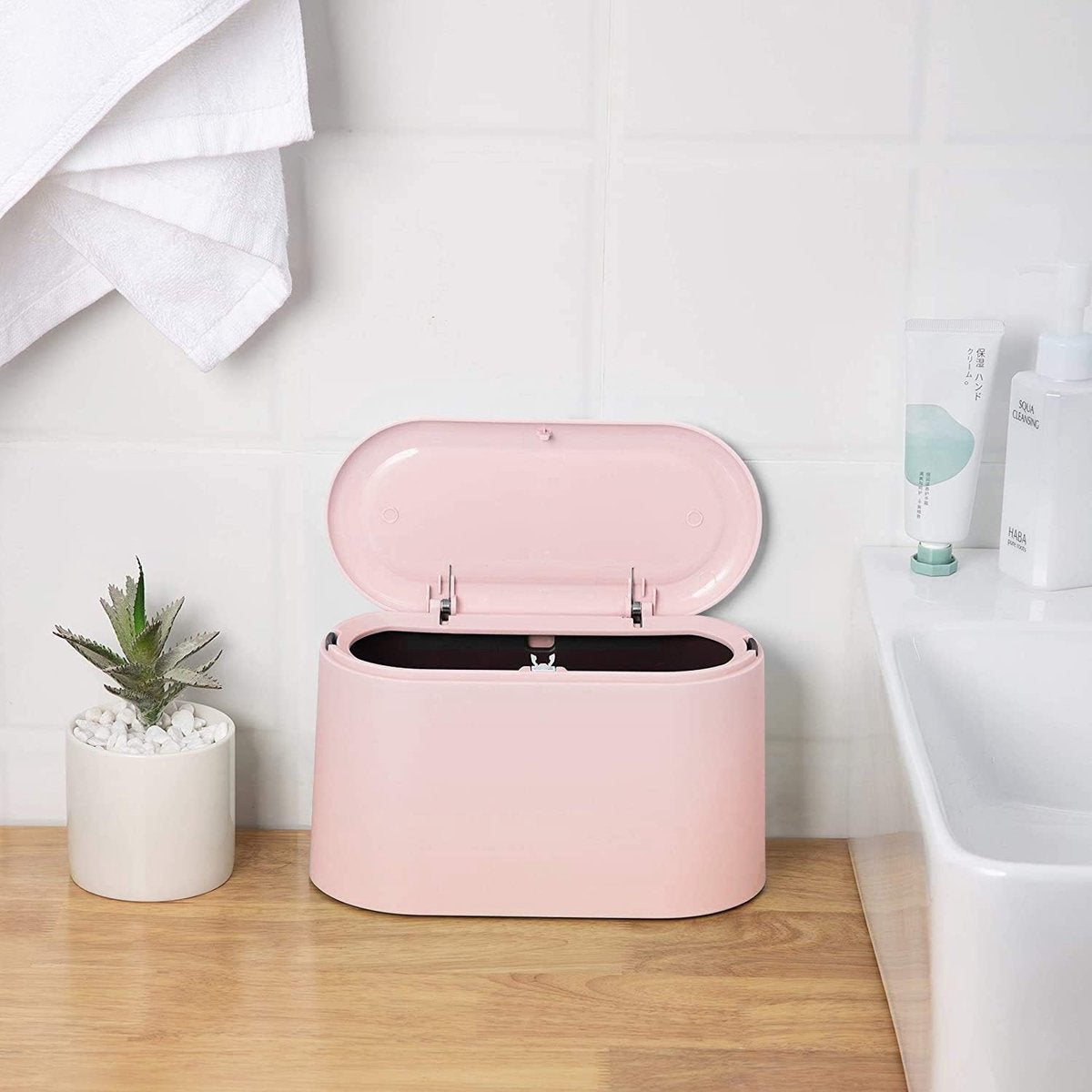Small Trash Can - Small Tabletop Bin with Push Button Lid - Sturdy - Countertop Waste Bin - Trash Can - Tabletop Waste Bin - Plastic Trash Can - for Office, Bathroom, Kitchen and Bedroom - Pet Food Storage - Pink