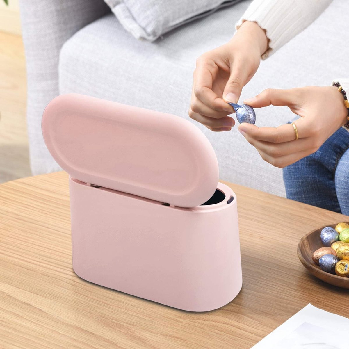 Small Trash Can - Small Tabletop Bin with Push Button Lid - Sturdy - Countertop Waste Bin - Trash Can - Tabletop Waste Bin - Plastic Trash Can - for Office, Bathroom, Kitchen and Bedroom - Pet Food Storage - Pink