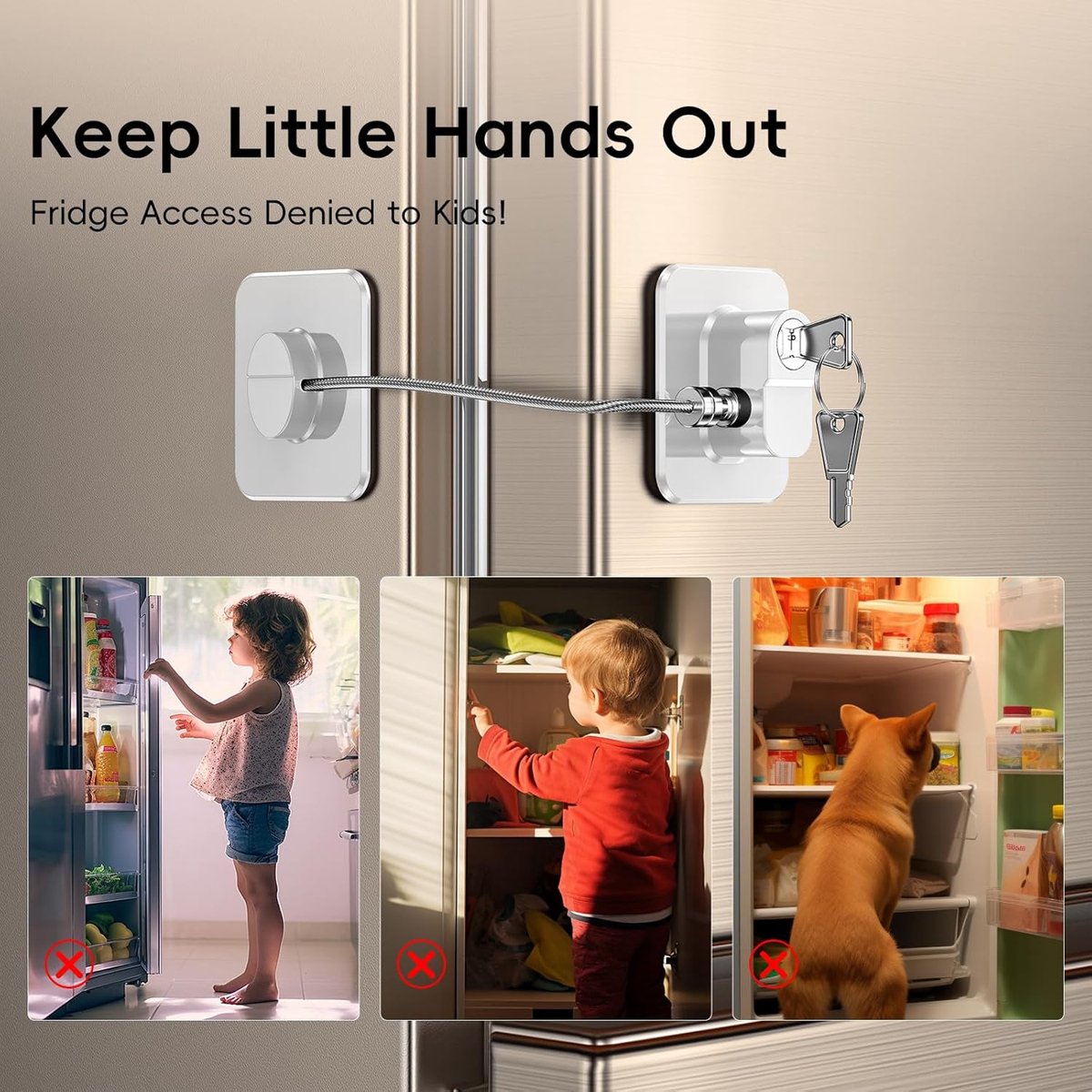 2-Pack Refrigerator Locks - with Keys - for Children, Toddlers, and Adults - Self-Adhesive Refrigerator Lock - for Refrigerator, Cabinets & Drawers, Oven, Windows - Child Safety - White