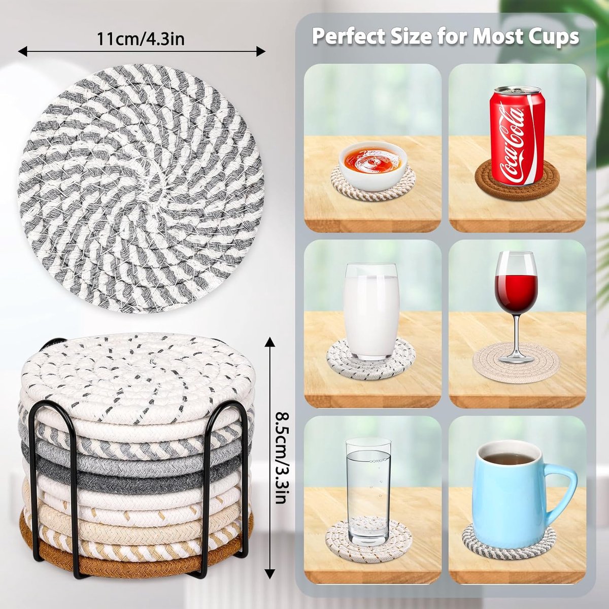 Set of 10 Round Coasters with Stand - Coaster Set - Thermal Insulation - Non-Slip Braided Cotton Coasters - Coasters for Glasses - for Glasses - For Drinks, Bar, Cups, Table Coasters - Grey/Khaki