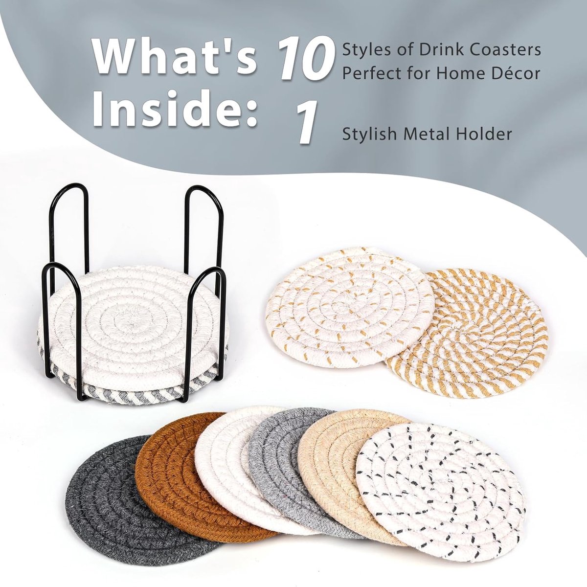 Set of 10 Round Coasters with Stand - Coaster Set - Thermal Insulation - Non-Slip Braided Cotton Coasters - Coasters for Glasses - for Glasses - For Drinks, Bar, Cups, Table Coasters - Grey/Khaki