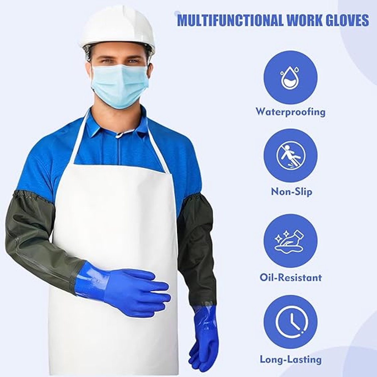 Long rubber gloves - Gloves - Waterproof gloves - Pond gloves - Car wash gloves - Clothing gloves - Care gloves - Waterproof/oil-resistant/acid- and alkali-resistant - waterproof PVC - 70 cm - blue