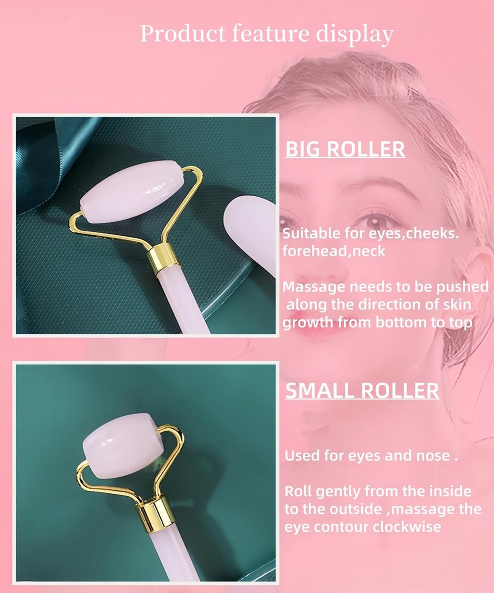 Rose Quartz Jade Roller & Gua Sha Stone - Facial Roller & Gua Sha Set - Natural Jade Roller - Facial Roller - Jade Roller - Facial Massage - for Lymphatic Drainage, Anti-Aging, Wrinkle Reduction, Anti-Puffiness & Radiant Skin