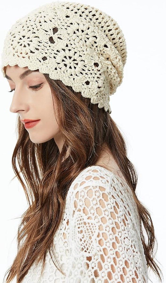 4-Piece Hat - Ladies' cotton crochet hat - Hand-knitted - Cotton hat for ladies crochet hats - Hand-knitted floral skull hats for autumn - cutouts - Knitted - Lightweight knitted hats for ladies - For Heads Of 55-61 Cm