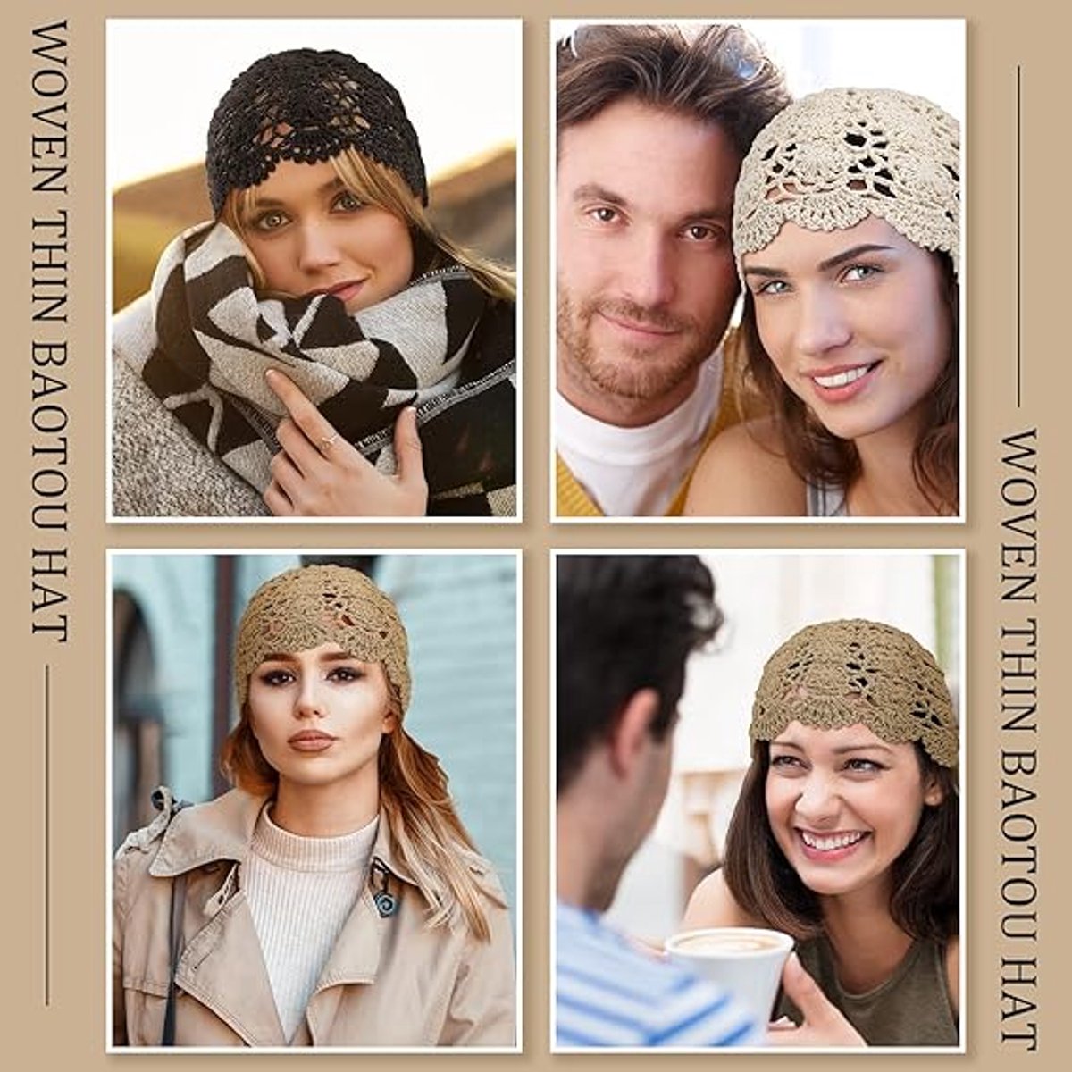 4-Piece Hat - Ladies' cotton crochet hat - Hand-knitted - Cotton hat for ladies crochet hats - Hand-knitted floral skull hats for autumn - cutouts - Knitted - Lightweight knitted hats for ladies - For Heads Of 55-61 Cm