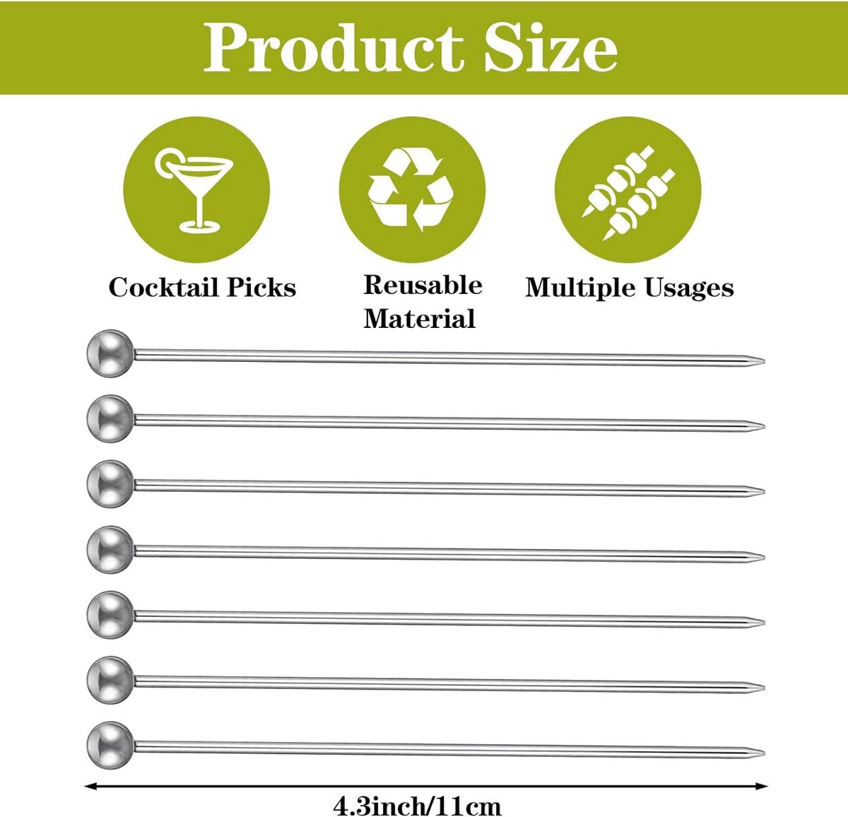 20 pieces - Cocktail picks - Stainless steel cocktail picks - 11 cm - Fruit sticks - Stainless steel fork - Cocktail sticks - reusable cocktail picks for drinks - metal cocktail picks - for snacks, decoration for fruit drinks - silver
