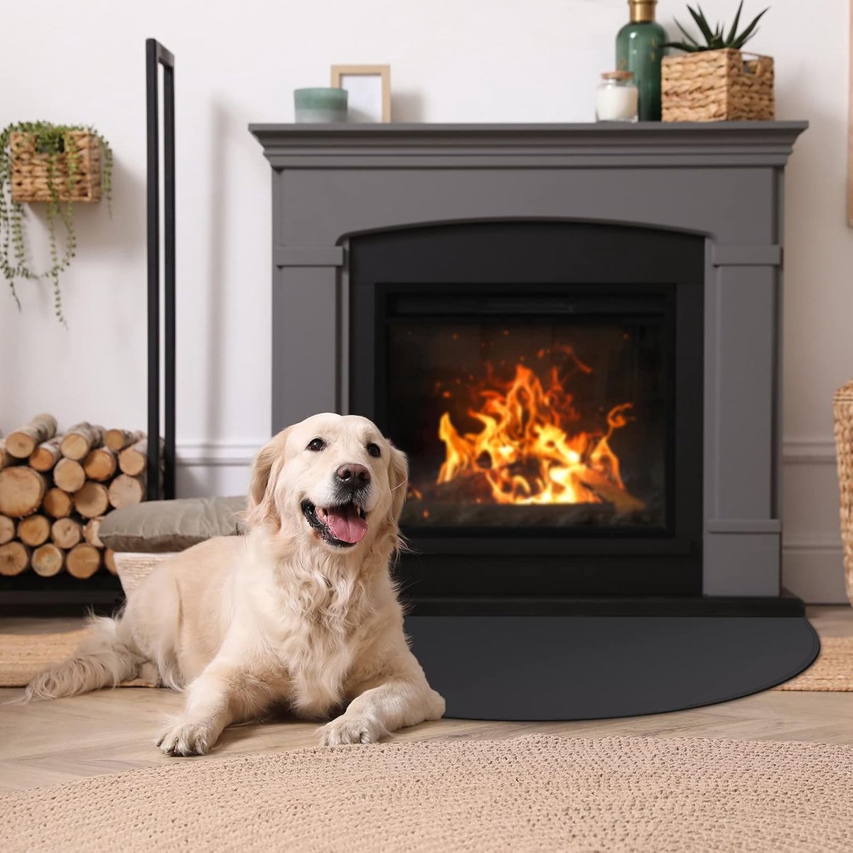 Fireplace Mat - 61 x 106 cm - Semi-circular spark protection plate - Fiberglass - 2-layer fire retardant - Fireproof Fireplace Mat & Fireplace Carpet - fire retardant mats - Semi-Round Fireplace Stove Carpet Protects Floors and Patios from Sparks - Black