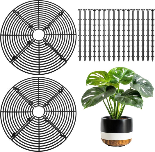 2 pieces - plant pot cover - 30 cm - Flowerpot grid - planter cover set - plantpot grid bottom protectors - with 16 posts - plant covers - for indoor and outdoor gardening - plant protectors - keeps cats and squirrels out of the flowerpot - black