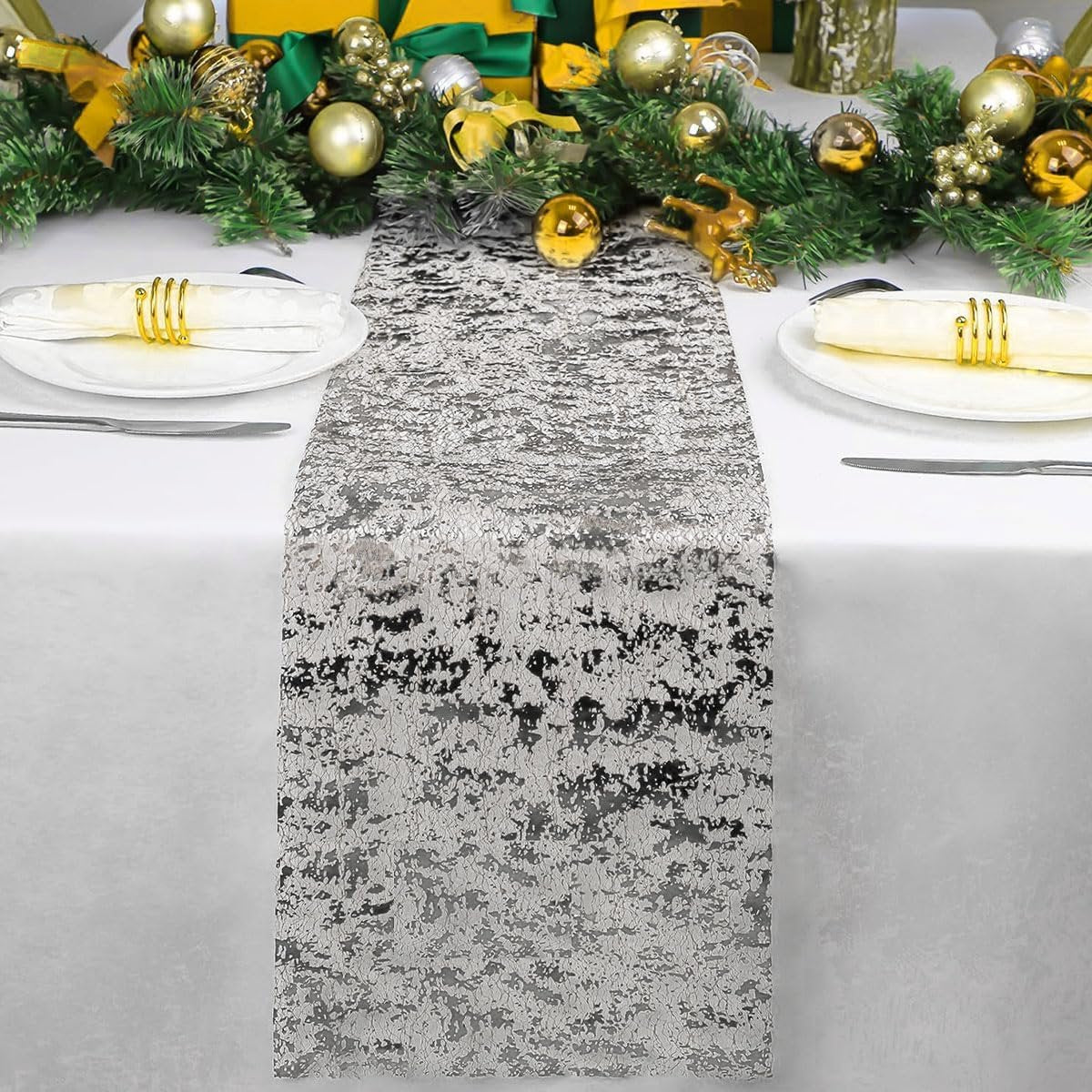 Table Runner - 28*275 cm - Silver Table Runner - Silver Gold Foil Table Runner - Tablecloth - Polyester Table Runner - Sparkling Metal Mesh Roll Table Runner - for Wedding Decorations, New Year's Decorations, and Birthday Parties