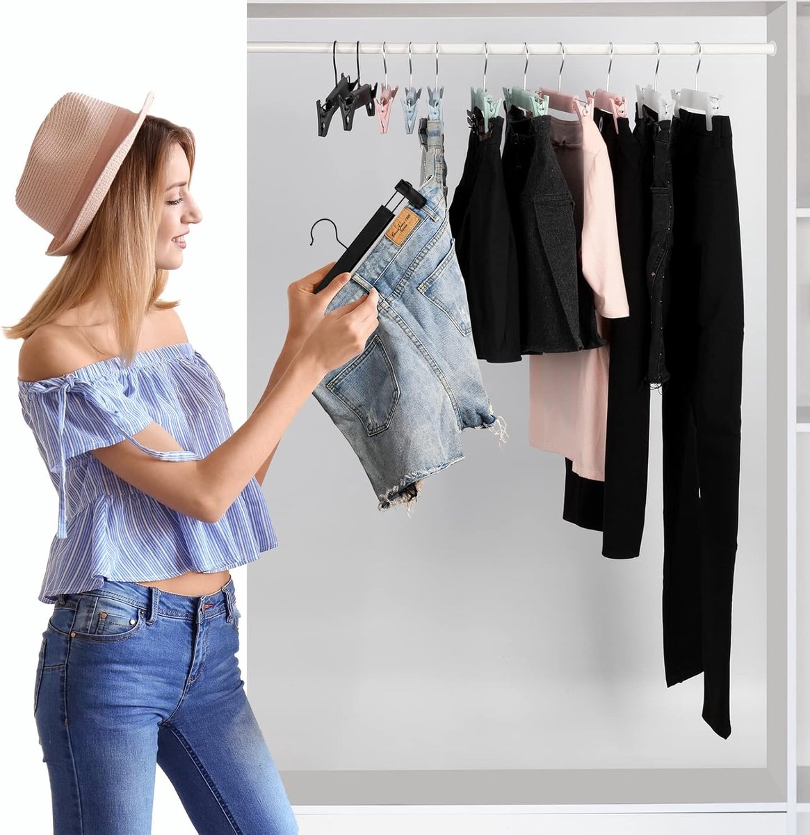 Clothes Hangers - 10 Pieces - Trouser Hangers - Trouser Hangers with Clips - Garment Hangers - Skirt Hangers - Non-Slip Hanger with Clips - Clothes Rack/Coat Rack/Jacket/Trouser Hanger - Space-Saving - Adjustable Clip Hangers, Garment Jacket Clothing Jean