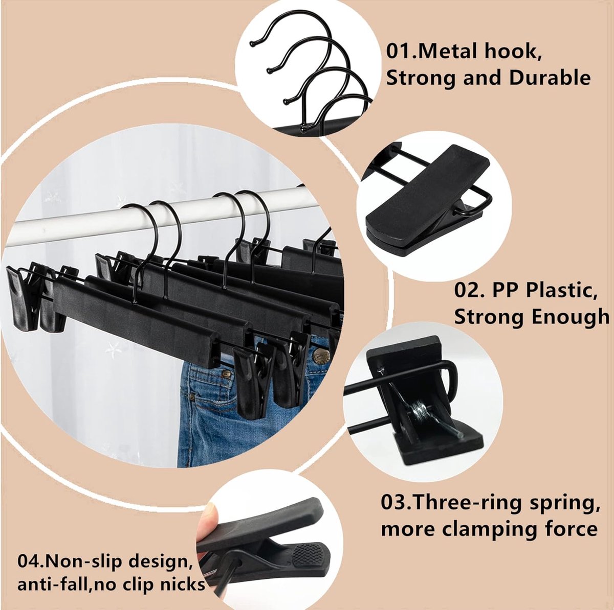 Clothes Hangers - 20 Pieces - Trouser Hangers - Trouser Hangers with Clips - Garment Hangers - Skirt Hangers - Non-Slip Hanger with Clips - Clothes Rack/Coat Rack/Jacket/Trouser Hanger - Space-Saving - Adjustable Clip Hangers, Garment Coat Clothes Jeans H