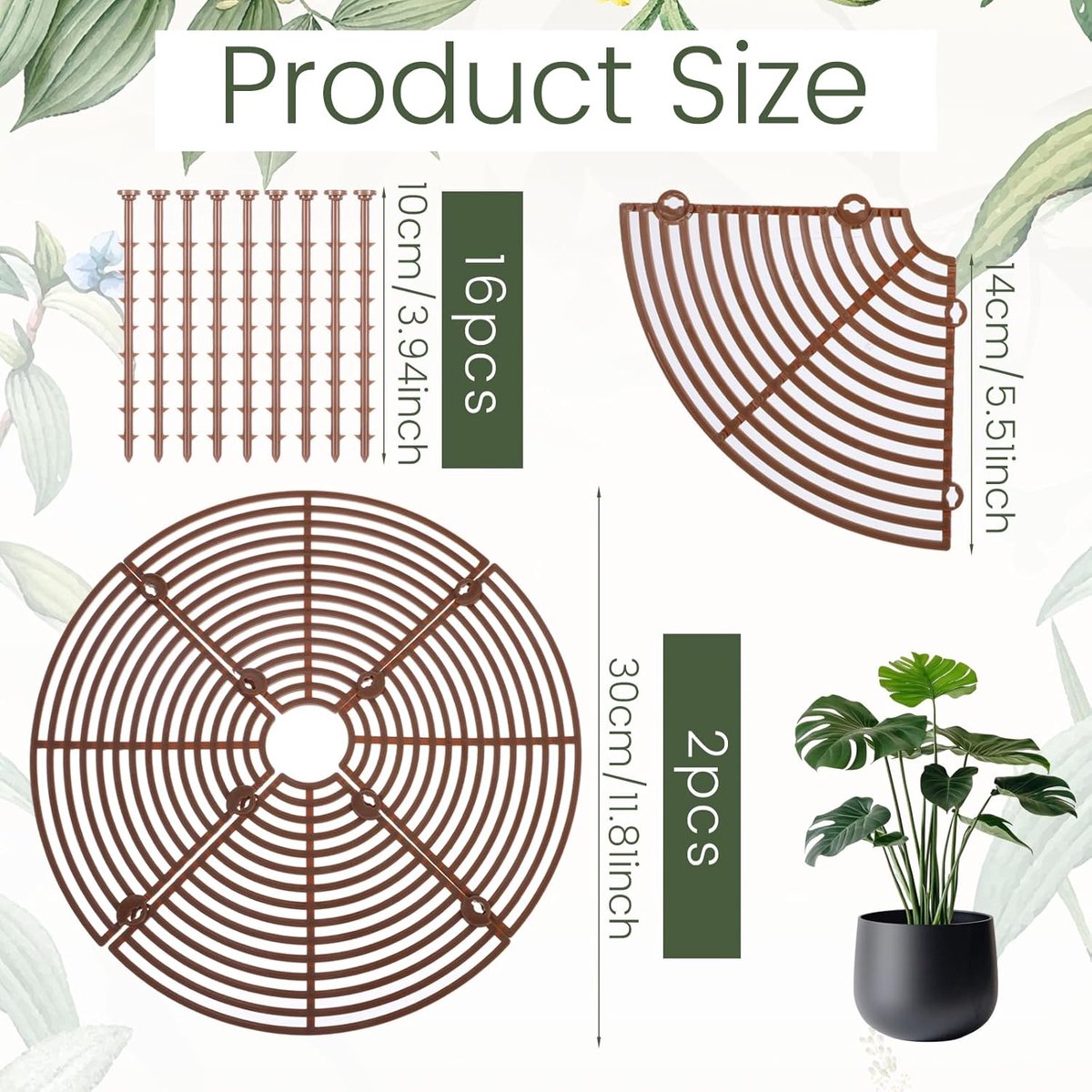 2 pieces - plant pot cover - 30 cm - Flowerpot grid - planter cover set - plantpot grid bottom protectors - with 16 posts - plant covers - for indoor and outdoor gardening - plant protectors - keeps cats and squirrels out of the flowerpot - brown