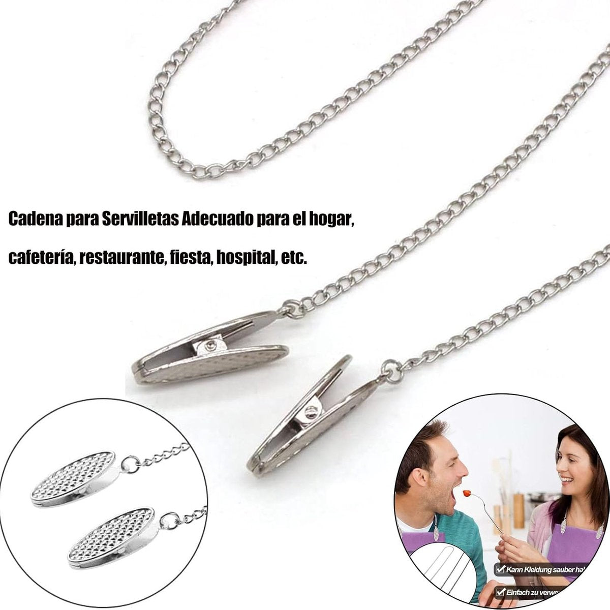 Napkin chain with clips - 4 pieces napkin chain - napkin clips - napkin clips with chain - 50 cm metal chain - Napkin clips - silver metal napkin clips - napkin clip chain - for seniors adults children - Silver & Black