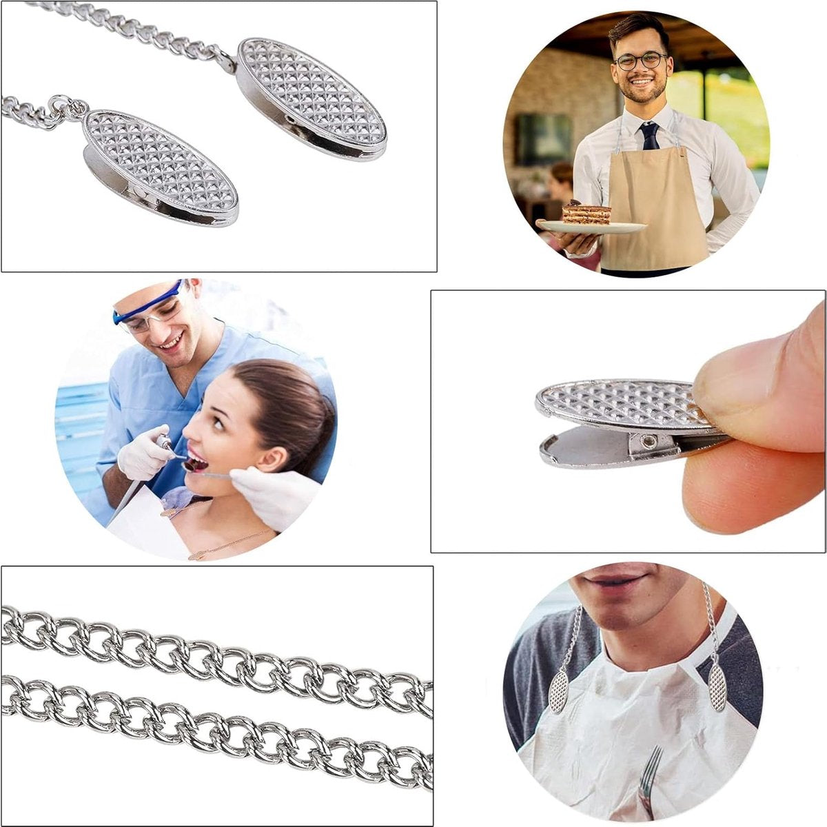 Napkin chain with clips - 4 pieces napkin chain - napkin clips - napkin clips with chain - 50 cm metal chain - Napkin clips - silver metal napkin clips - napkin clip chain - for seniors adults children - Silver & Black