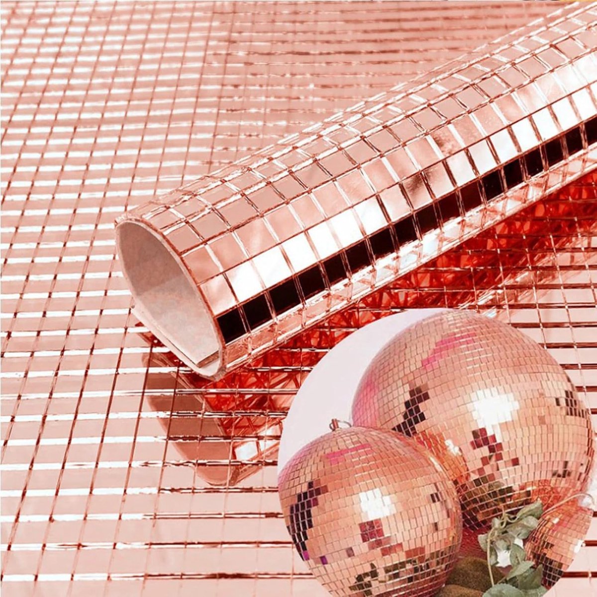3 pieces - 4*100 cm - Self-adhesive mosaic stickers - Mini square acrylic mosaic tiles - 5*5 mm - self-adhesive acrylic mosaic tiles - mirror mosaic tiles - decorative wall stickers - for kitchen, restaurant, disco party, DIY decoration - pink