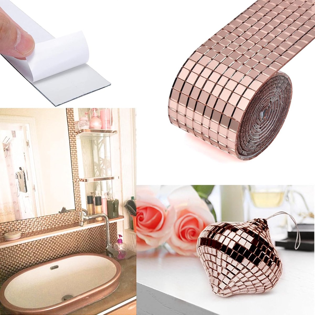 3 pieces - 4*100 cm - Self-adhesive mosaic stickers - Mini square acrylic mosaic tiles - 5*5 mm - self-adhesive acrylic mosaic tiles - mirror mosaic tiles - decorative wall stickers - for kitchen, restaurant, disco party, DIY decoration - pink