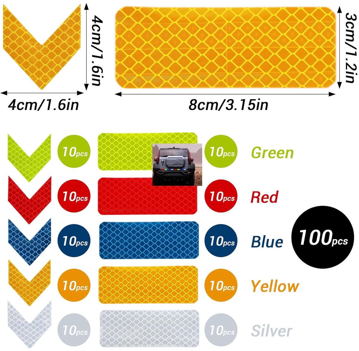 100 pieces - reflective stickers - reflective tape - reflective safety warning strips - reflective strips - waterproof - for bicycles, helmets, cars, mailboxes, backpacks, trailers and outdoor equipment - rectangle and arrow