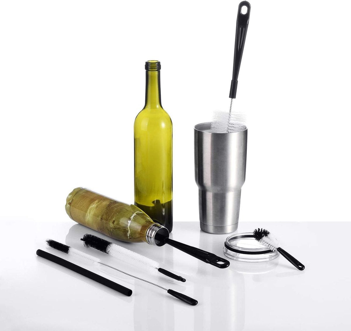8-Pack Bottle Cleaning Brush Set - Cleaning Brush - Bottle Brush - Black bottle cleaner with long handle - for washing narrow wine/beer bottles/thermos flask/bottle cup/sports tank/kettle - lid brush - straw brush - Bottle cleaner