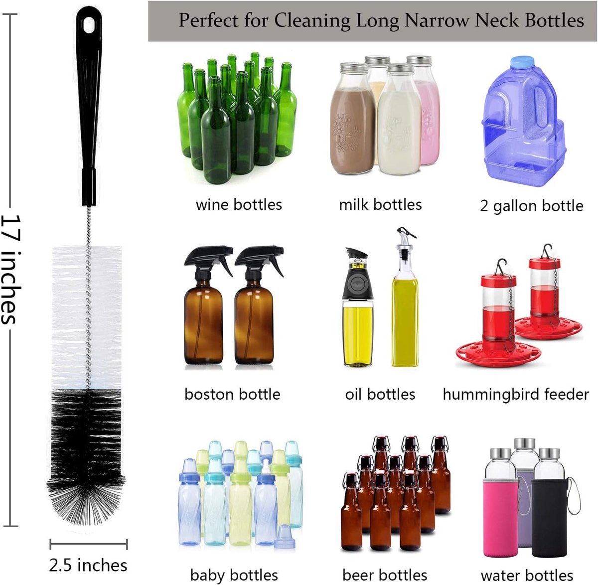 8-Pack Bottle Cleaning Brush Set - Cleaning Brush - Bottle Brush - Black bottle cleaner with long handle - for washing narrow wine/beer bottles/thermos flask/bottle cup/sports tank/kettle - lid brush - straw brush - Bottle cleaner
