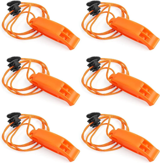 6 pieces - Emergency whistle - survival whistles - dual frequency - emergency whistle - with reflective cord, adjustable clip - emergency whistle survival whistle - for rescue operations in nature, hiking, camping, hunting and safety at sea - orange