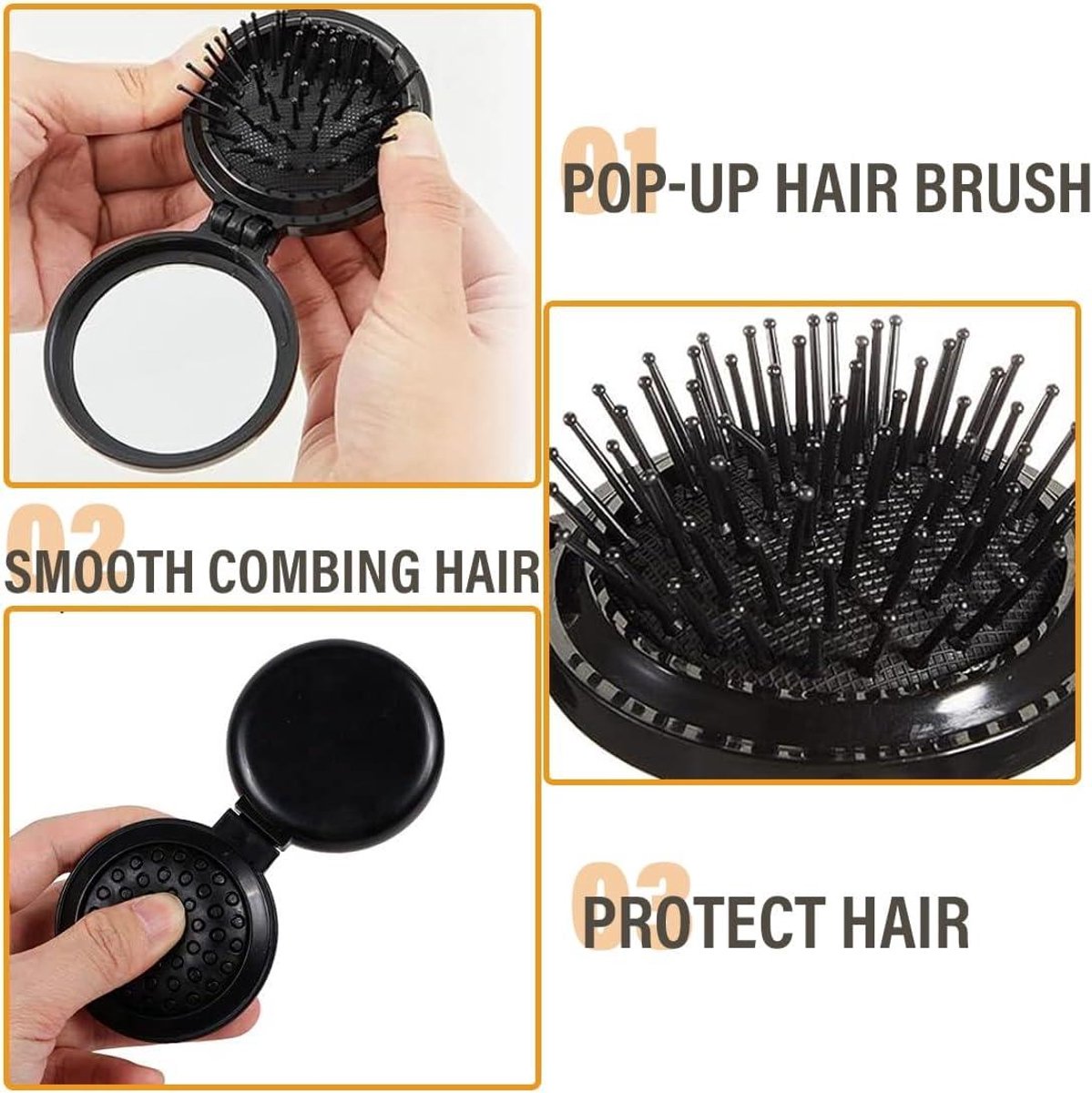 Allecto Plus - Set of 2 Foldable Travel Brushes with Mirror Portable Comb Pocket Massager for Men, Women, and Girls (Travel Size Mini Compact)
