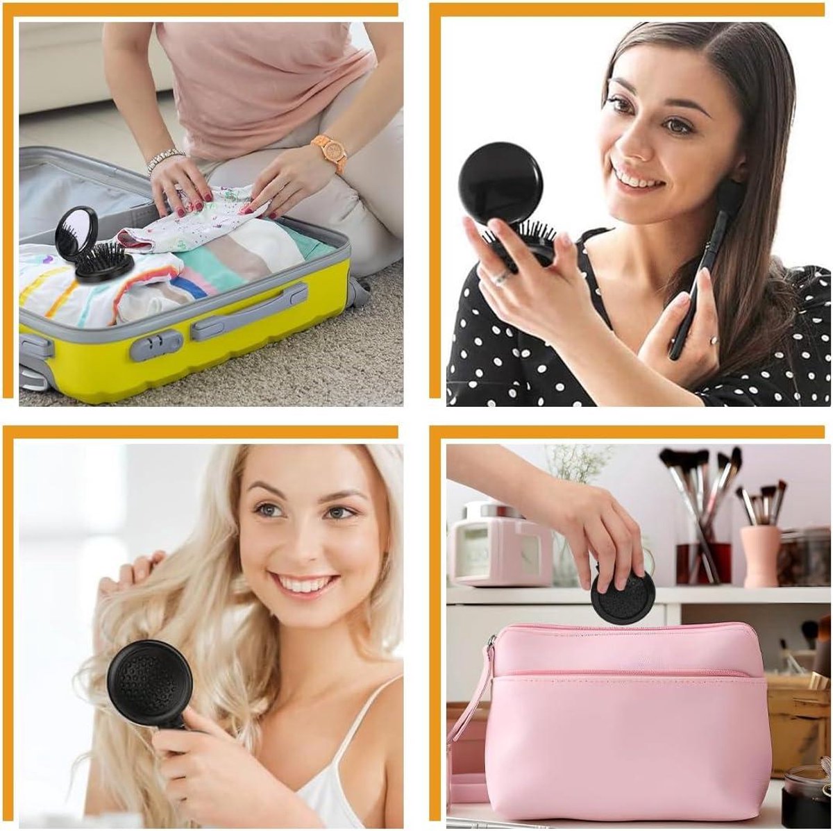 Allecto Plus - Set of 2 Foldable Travel Brushes with Mirror Portable Comb Pocket Massager for Men, Women, and Girls (Travel Size Mini Compact)