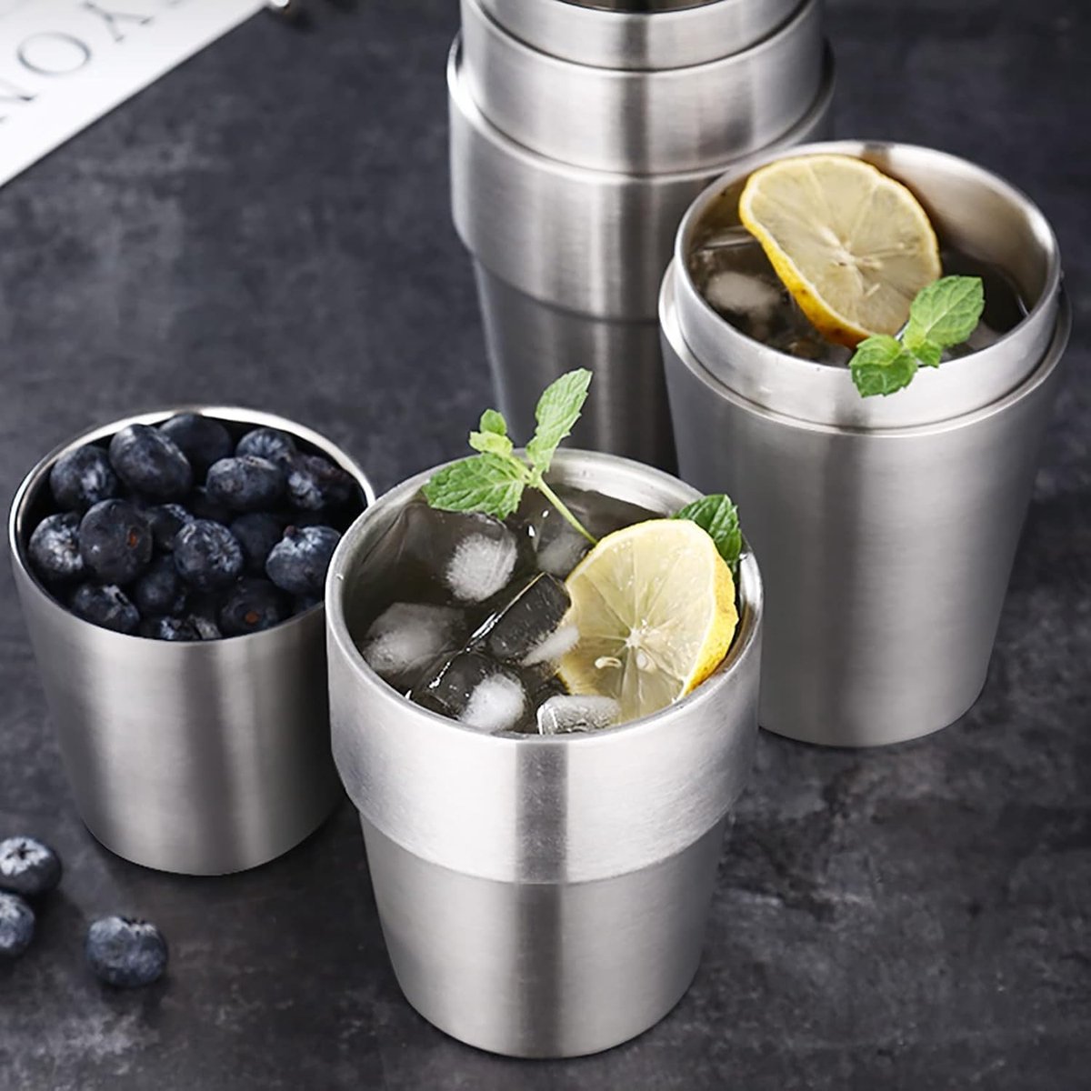 4 pieces - Stainless steel cup - 180 ml - Stackable stainless steel cups - metal cup - Double-walled insulated drinking cups Glasses - for home, restaurant, office, camping, party - 7.2*5.5*7.5 cm - silver
