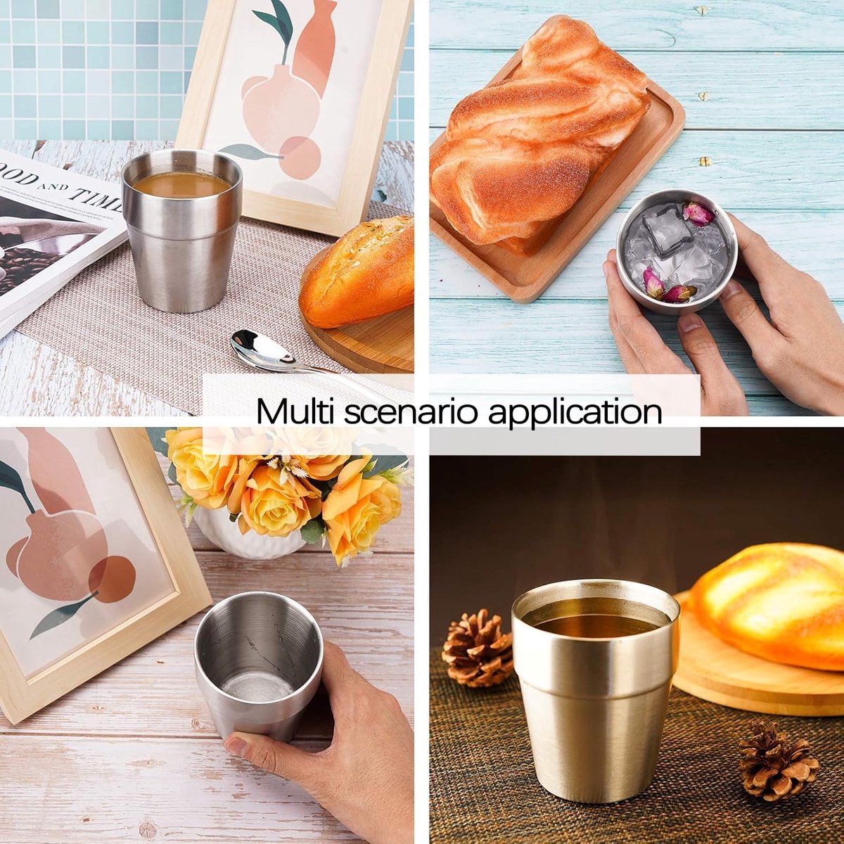4 pieces - Stainless steel cup - 180 ml - Stackable stainless steel cups - metal cup - Double-walled insulated drinking cups Glasses - for home, restaurant, office, camping, party - 7.2*5.5*7.5 cm - silver