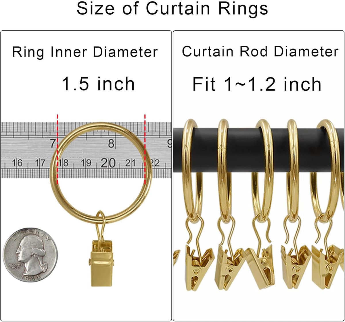 Metal Curtain Hooks with Clamps and Rings - 40 Pieces - Drapery Clip Hooks - Metal Curtain Rings - Decorative Curtain Rod Clips - Hooks - Shower Curtain Hanging Hooks with Clamp - Metal Curtain Rings with Clips - Gold