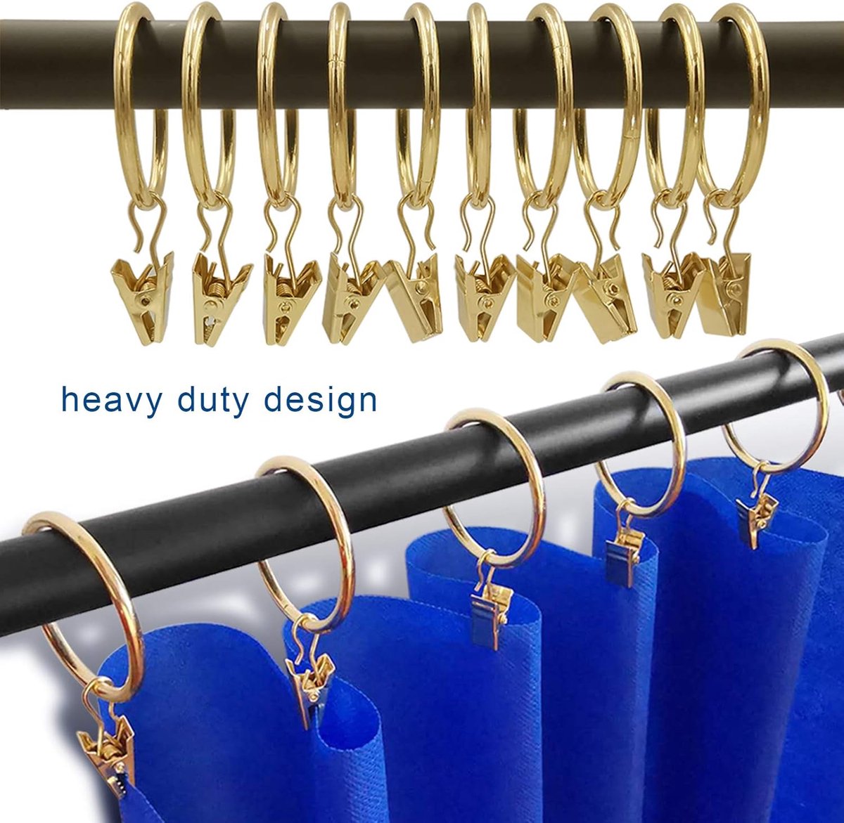 Metal Curtain Hooks with Clamps and Rings - 40 Pieces - Drapery Clip Hooks - Metal Curtain Rings - Decorative Curtain Rod Clips - Hooks - Shower Curtain Hanging Hooks with Clamp - Metal Curtain Rings with Clips - Gold