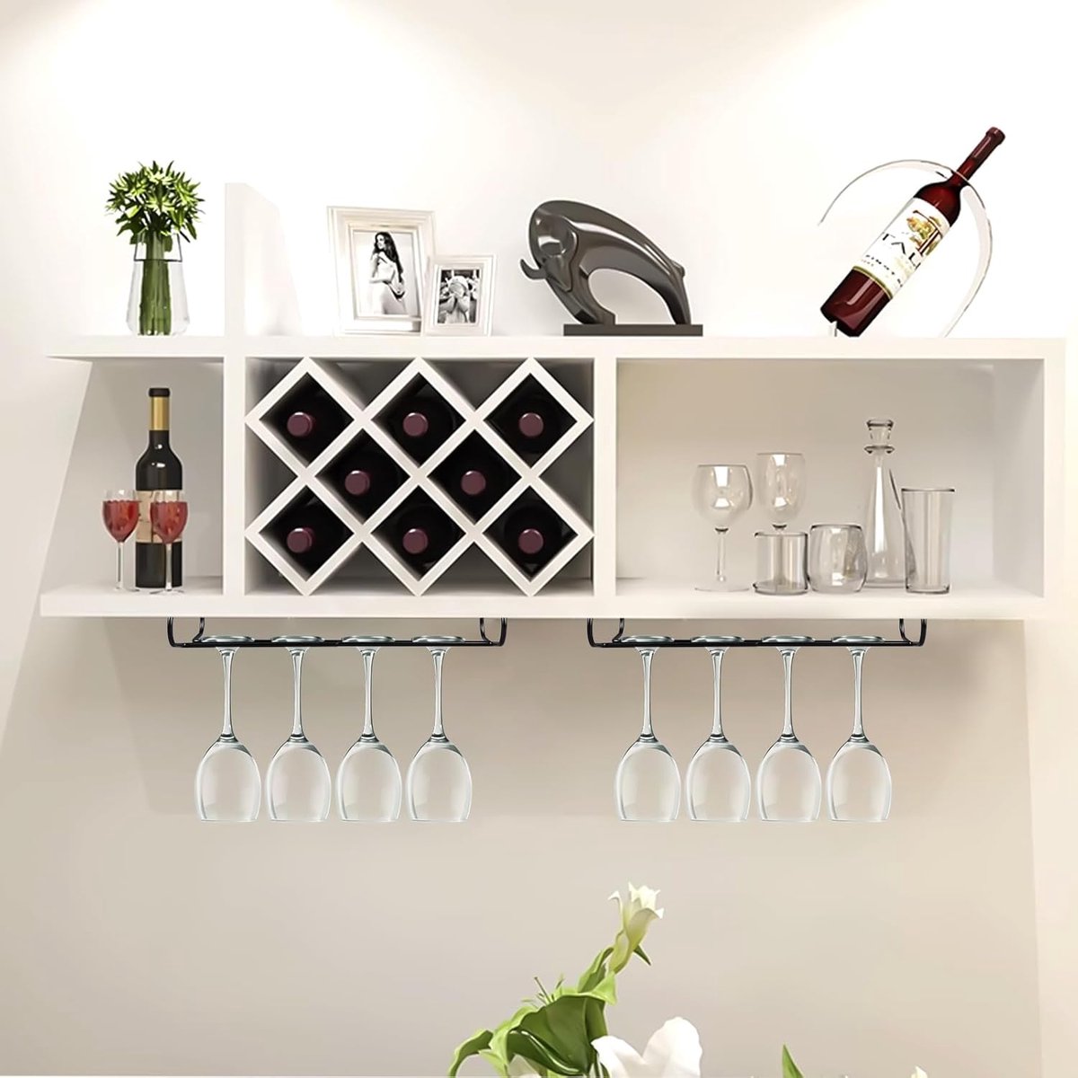 2 pieces - Wine glass holder - Glass hooks for shelf - Iron glass holder for glasses - Wall display holder - Hanging glass holders - Metal hanging glass holder - Display rack - hooks - for bars, wine cabinets, cupboards, restaurants - 26*11.5 cm - black