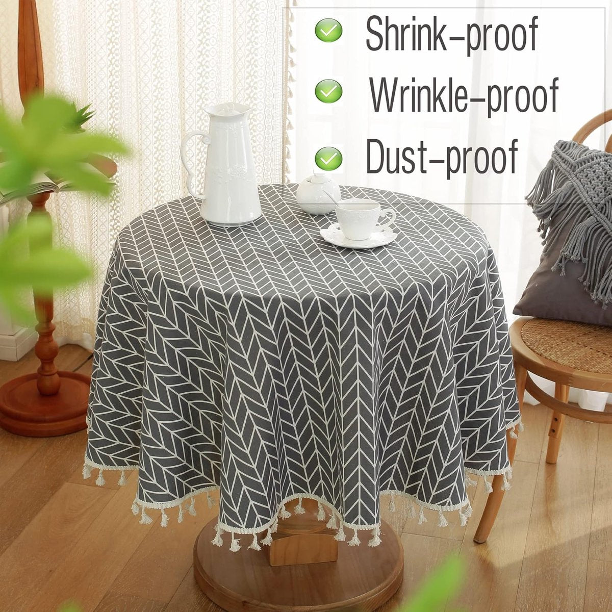 Round Tablecloth - Tablecloth with striped tassels made of cotton and linen - Washable Tablecloth - for table decoration in the kitchen and dining room - Round - 150 x 150 cm