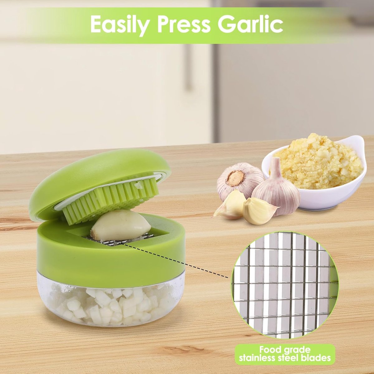 Garlic press - garlic chopper - Garlic Press - Suitable for Garlic - Manual Garlic Press - kitchen gadget press - Garlic presses - storage container - Ginger press - stainless steel knife cutter - crusher - for home and camping - Green