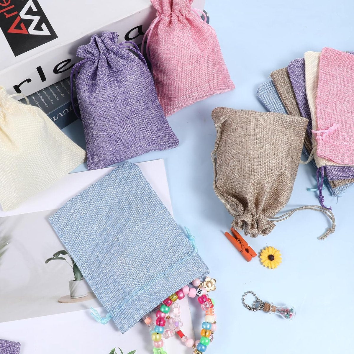 15 pieces - jute bags with drawstring - drawstring - gift bag - storage bag - gift packaging - jewelry pouch jute bags - jute bags - for Christmas, Thanksgiving, wedding favors, DIY, crafting - 14*10 cm - linen, purple, pink, blue, beige