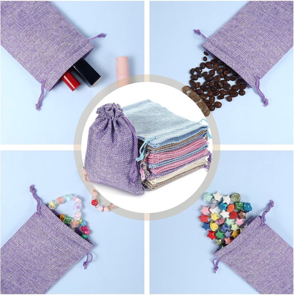 15 pieces - jute bags with drawstring - drawstring - gift bag - storage bag - gift packaging - jewelry pouch jute bags - jute bags - for Christmas, Thanksgiving, wedding favors, DIY, crafting - 14*10 cm - linen, purple, pink, blue, beige
