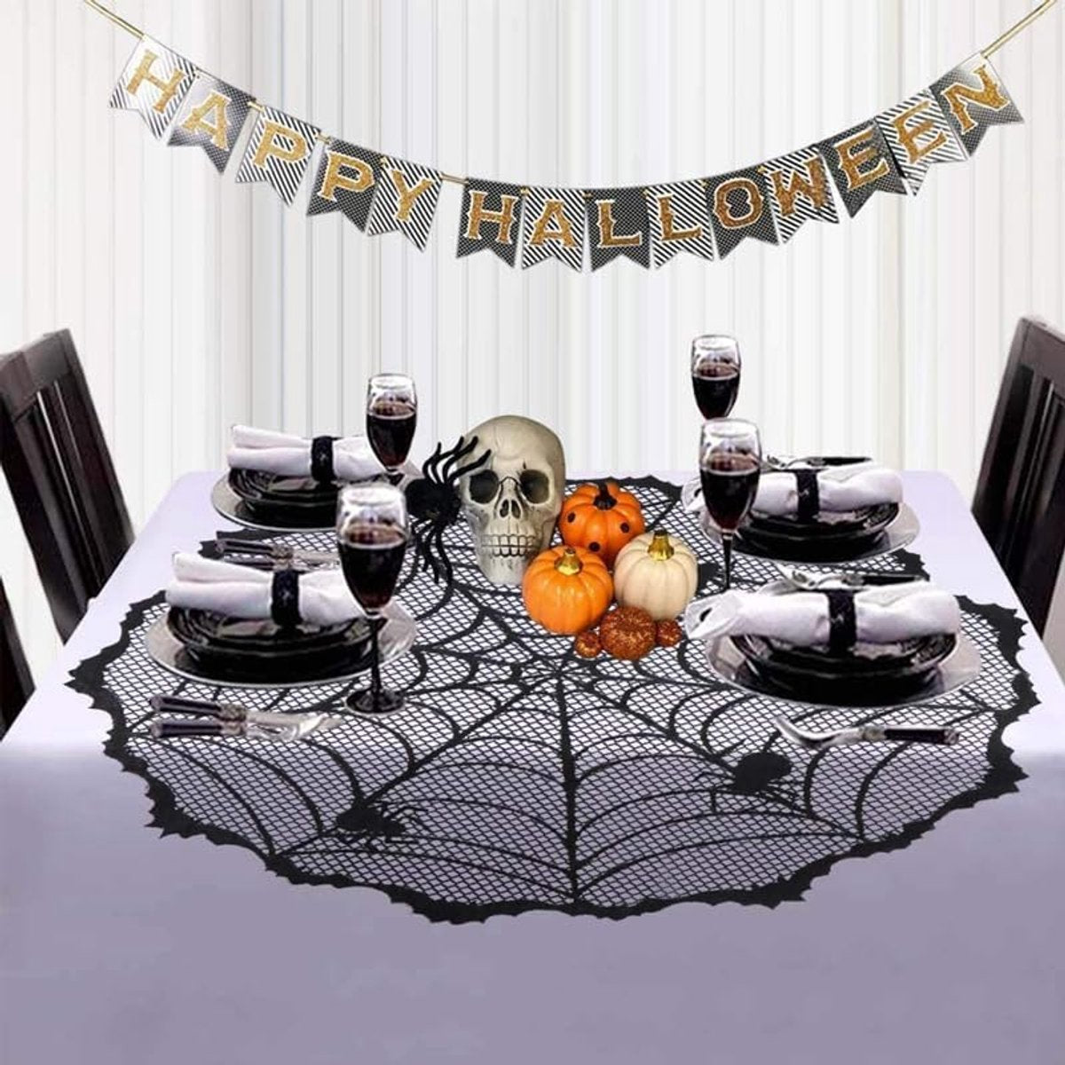Tablecloth - 102 cm - Halloween tablecloth - table runner - round tablecloth - Halloween table decoration - black round lace spiderweb tablecloth - Interior decoration - lace tablecloth - Halloween party ornament - for Kitchen, Dining Table, Party Supplie