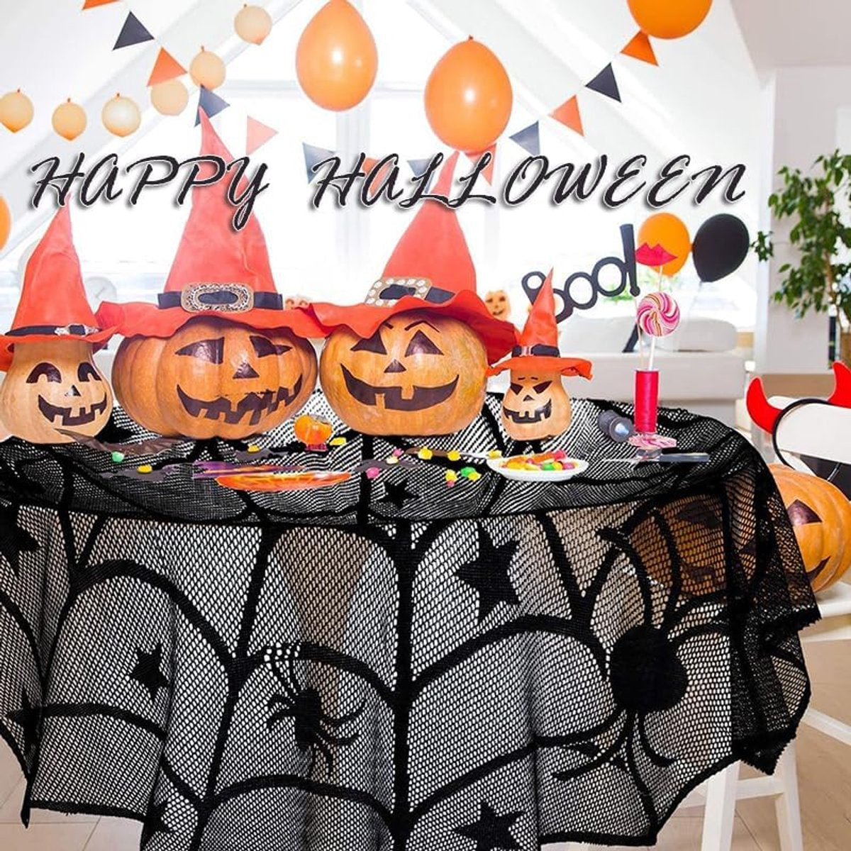 Tablecloth - 102 cm - Halloween tablecloth - table runner - round tablecloth - Halloween table decoration - black round lace spiderweb tablecloth - Interior decoration - lace tablecloth - Halloween party ornament - for Kitchen, Dining Table, Party Supplie