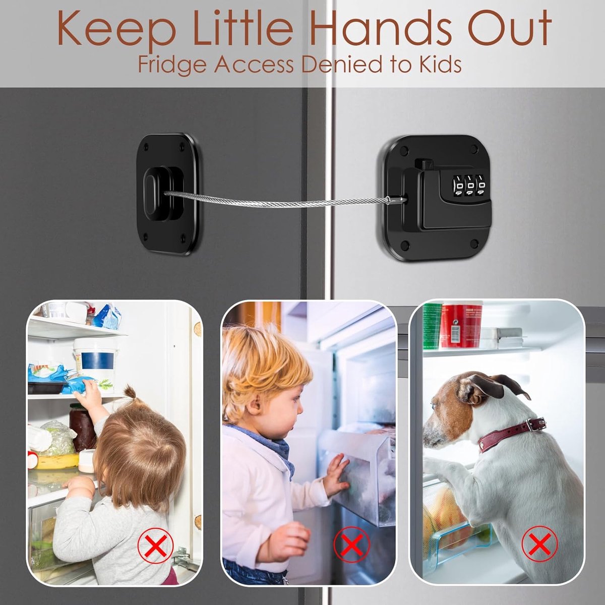 2-Piece Refrigerator Lock - Combination Lock - Self-Adhesive Refrigerator Lock - Safety Lock - Easy Installation No Keys Needed - For Children, Toddlers, and Adults - For Refrigerator, Cabinets & Drawers, Oven, Windows - Child Safety - Black