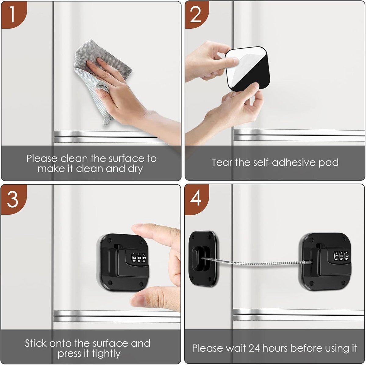 2-Piece Refrigerator Lock - Combination Lock - Self-Adhesive Refrigerator Lock - Safety Lock - Easy Installation No Keys Needed - For Children, Toddlers, and Adults - For Refrigerator, Cabinets & Drawers, Oven, Windows - Child Safety - Black
