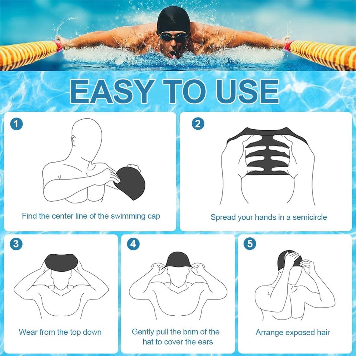 2 pieces - swimming cap - 23*20 cm - silicone swimming caps - hearing protection - waterproof swimming hat - keep dry for long and short hair - unisex swimming caps - for adults, children and juniors - black and white