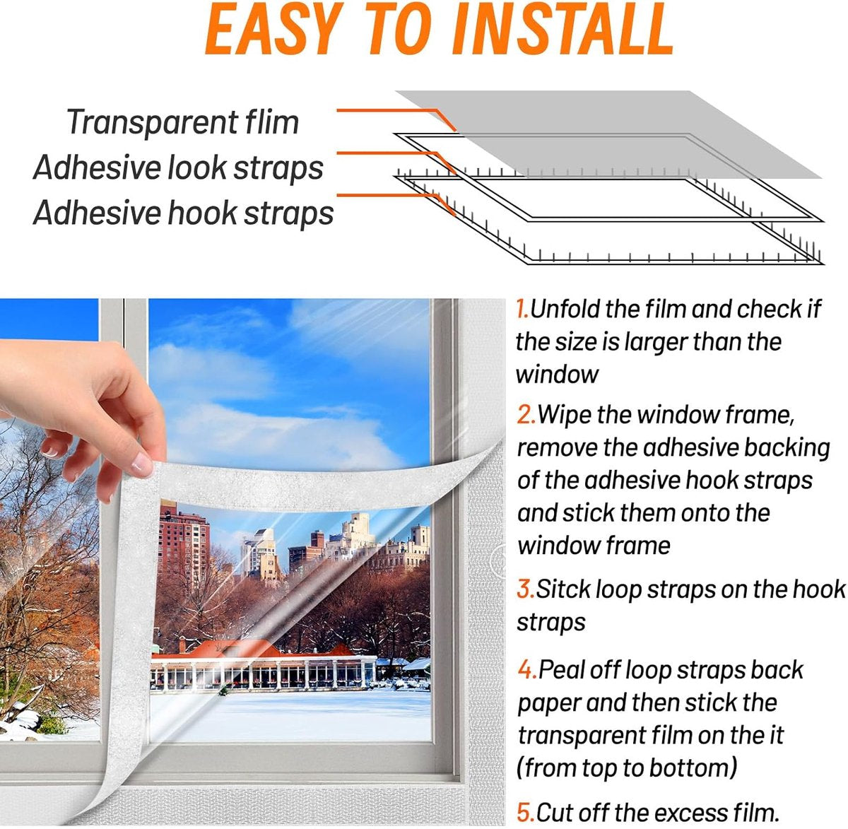 Window Film - Thermal Insulation for Windows - Window Film Insulation Sealing Set - Winter Window Insulation Set - Window Insulation Film - Winter Insulation Window Covering Set - Self-Adhesive - with Velcro - for windows and skylights - transparent - 188