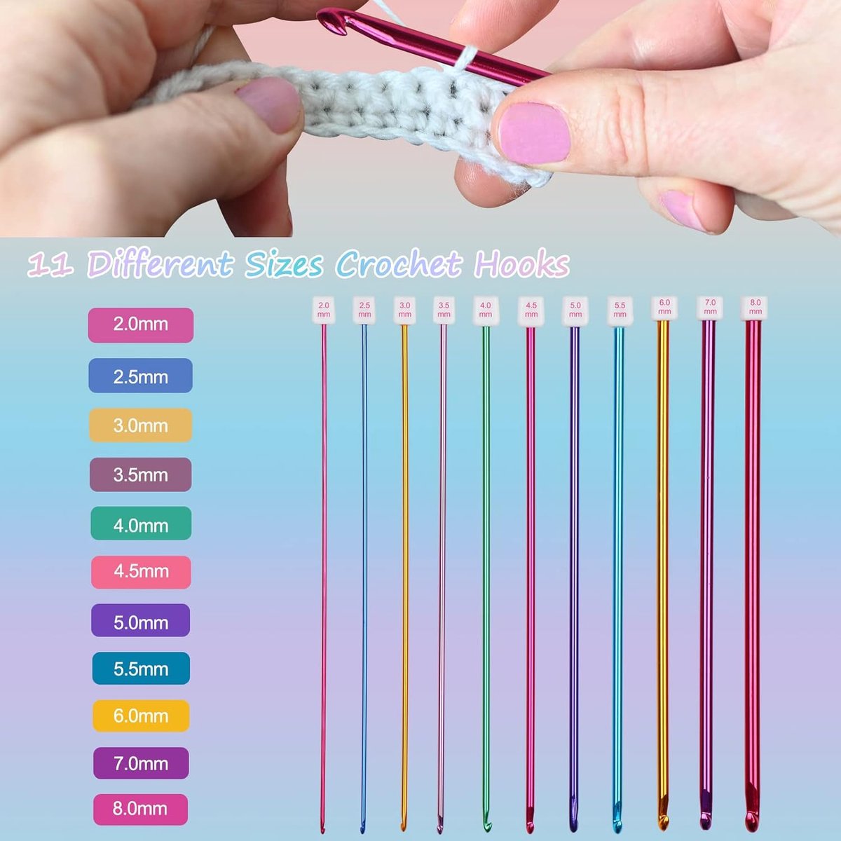 11 knitting needles - Tunisian crochet hook set - multicolored aluminium Tunisian crochet hooks - Tunisian Crochet - knitting needle set - Knitting needle set for crochet enthusiasts and beginners - 2mm to 8mm