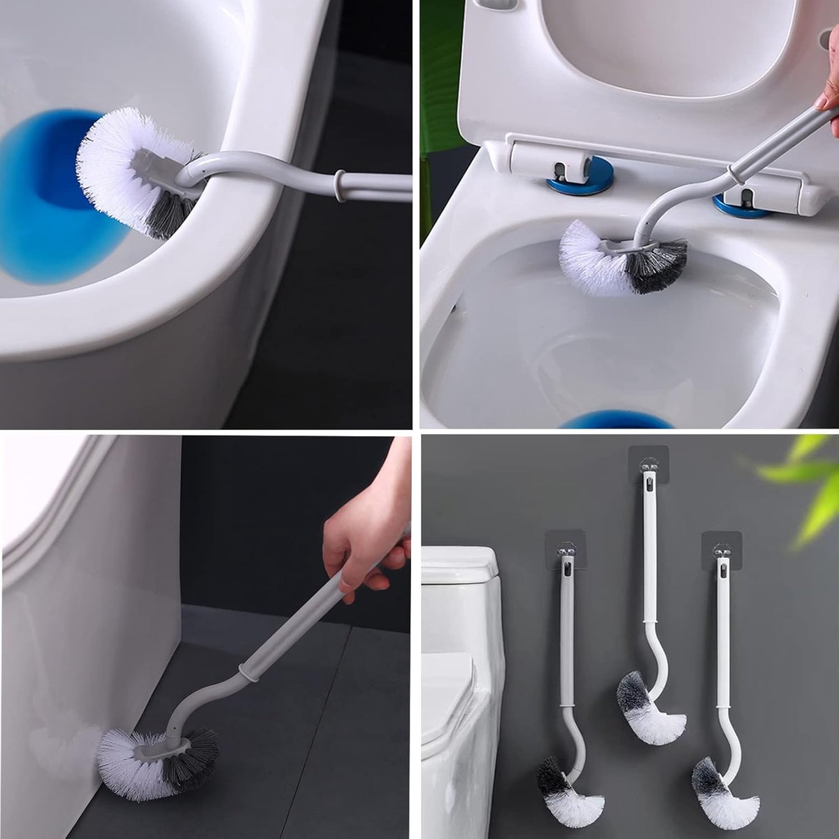 Toilet brush - 2 pieces - Toilet brush - Curved toilet brush - Toilet brush - With handle - Long handle - Universal - for deep cleaning, long plastic handle and flexible bristles - White