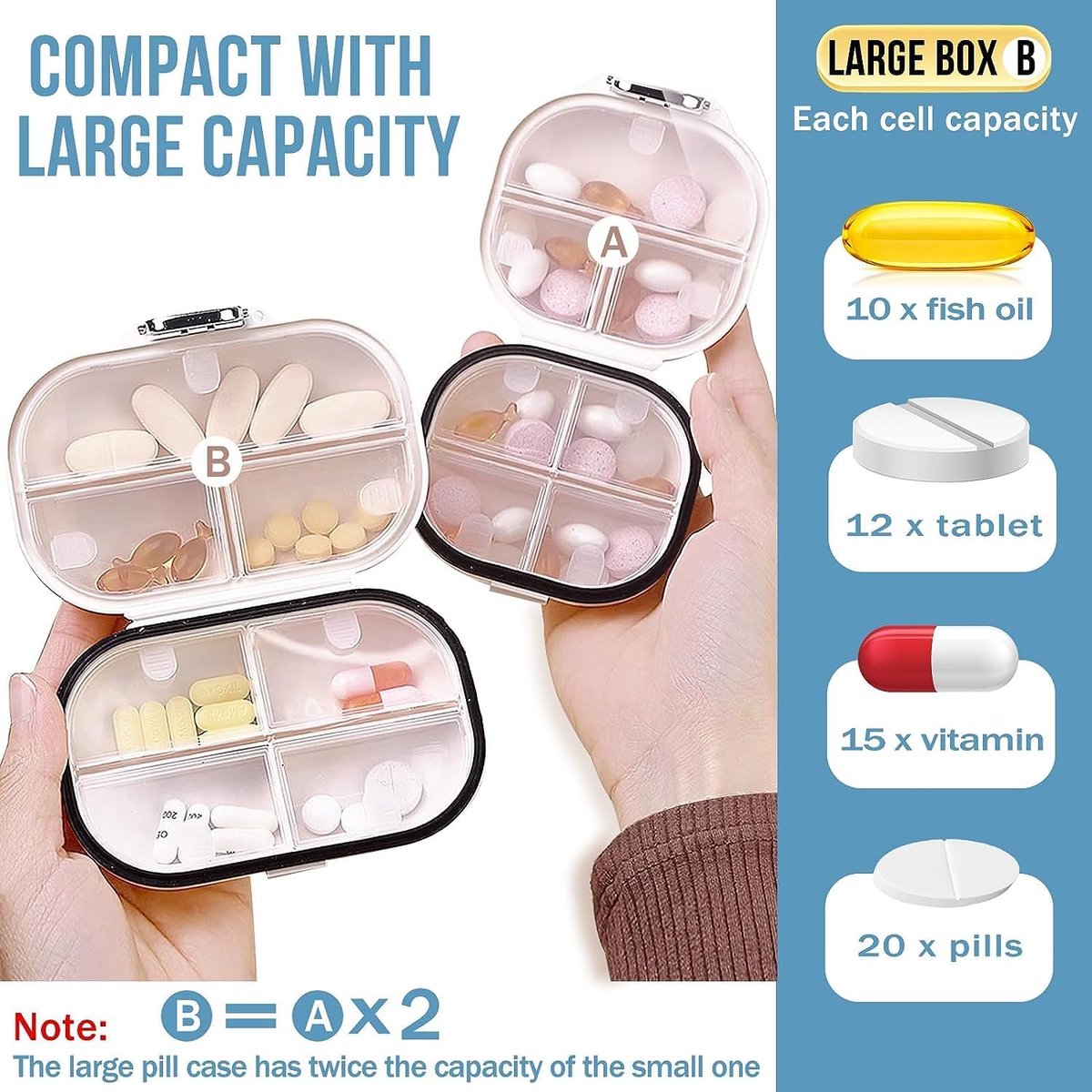 2-Piece 7-Day Pill Box - travel medicine boxes - 7-day medicine box - Medicine box with sturdy closure - Pill box - waterproof - for pills, storage, sorting and more - Pill boxes with 7 compartments - Portable - Large+Small